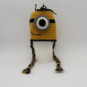 Pre Owned 2 Hand Made Crocheted Minion Eye Toboggin Beanie Hat Black And Yellow